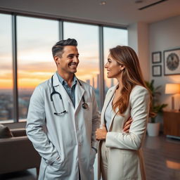 A romantic scene featuring a handsome male doctor in a modern, inviting clinic, wearing a white lab coat with a stethoscope around his neck