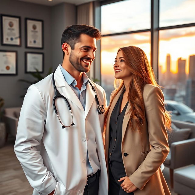 A romantic scene featuring a handsome male doctor in a modern, inviting clinic, wearing a white lab coat with a stethoscope around his neck