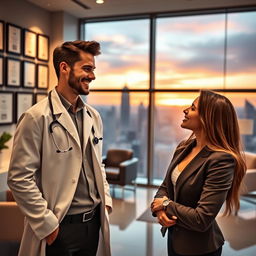 A romantic scene featuring a handsome male doctor in a modern, inviting clinic, wearing a white lab coat with a stethoscope around his neck