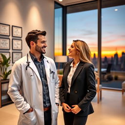 A romantic scene featuring a handsome male doctor in a modern, inviting clinic, wearing a white lab coat with a stethoscope around his neck