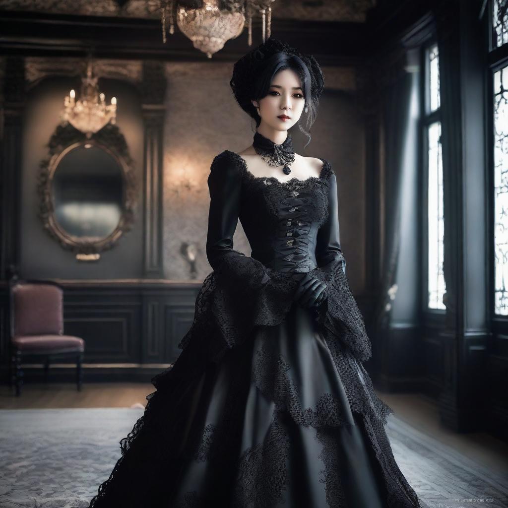 A high-quality photograph capturing a Korean woman cosplayer in a Gothic dress