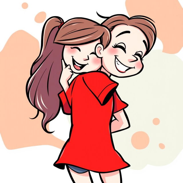 A playful white cartoon character wearing a bright red T-shirt, depicted in a humorous and lighthearted manner, leaning forward to kiss a cartoon girl's rear