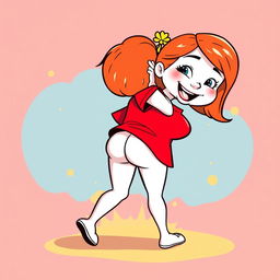 A playful white cartoon character wearing a bright red T-shirt, depicted in a humorous and lighthearted manner, leaning forward to kiss a cartoon girl's rear