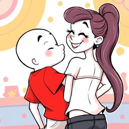 A playful white cartoon character wearing a bright red T-shirt, depicted in a humorous and lighthearted manner, leaning forward to kiss a cartoon girl's rear