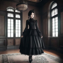 A high-quality photograph capturing a Korean woman cosplayer in a Gothic dress