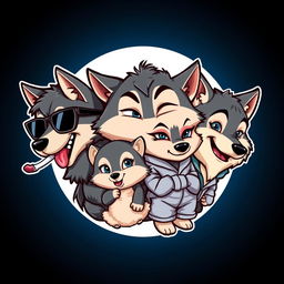 A chibi-style caricature logo inspired by Disney, featuring four wolf characters, each with distinct personalities