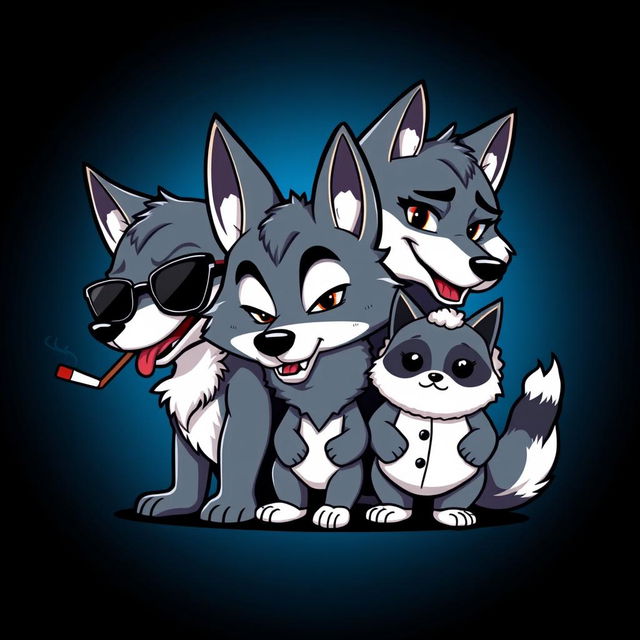 A chibi-style caricature logo inspired by Disney, featuring four wolf characters, each with distinct personalities