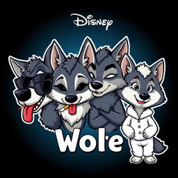 A chibi-style caricature logo inspired by Disney, featuring four wolf characters, each with distinct personalities