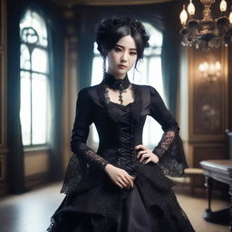 A high-quality photograph capturing a Korean woman cosplayer in a Gothic dress