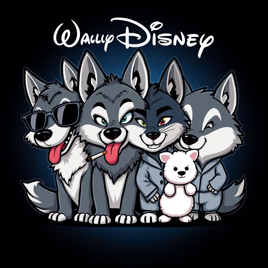 A chibi-style caricature logo inspired by Disney, featuring four wolf characters, each with distinct personalities