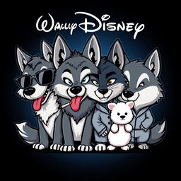 A chibi-style caricature logo inspired by Disney, featuring four wolf characters, each with distinct personalities