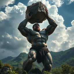 A towering giant in a dynamic pose, dramatically raising a massive mountain above his head as if it were a mere stone