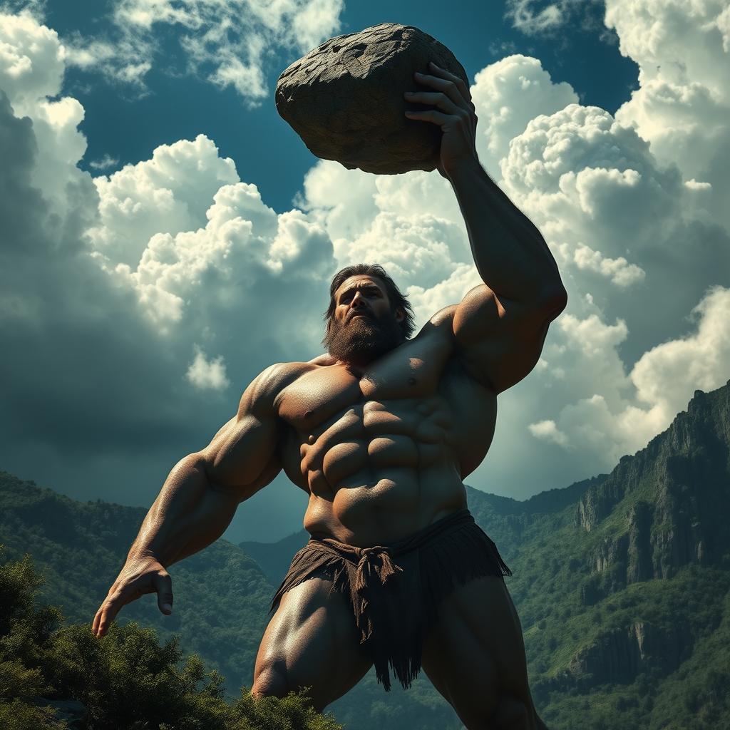 A towering giant in a dynamic pose, dramatically raising a massive mountain above his head as if it were a mere stone