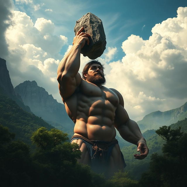 A towering giant in a dynamic pose, dramatically raising a massive mountain above his head as if it were a mere stone