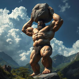 A towering giant in a dynamic pose, dramatically raising a massive mountain above his head as if it were a mere stone