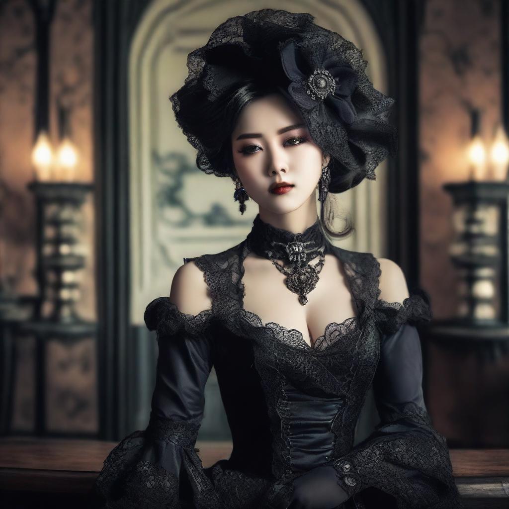 A high-quality photograph capturing a Korean woman cosplayer in a Gothic dress