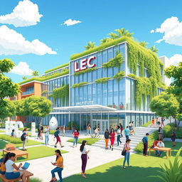 A vibrant and modern illustration of a futuristic educational institute named 'LEC Institute'