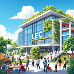 A vibrant and modern illustration of a futuristic educational institute named 'LEC Institute'