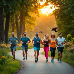 A serene morning scene of seven people jogging together in a beautiful natural setting