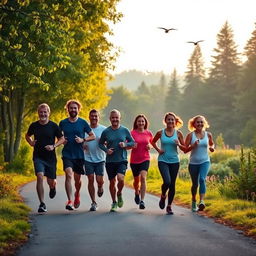 A serene morning scene of seven people jogging together in a beautiful natural setting
