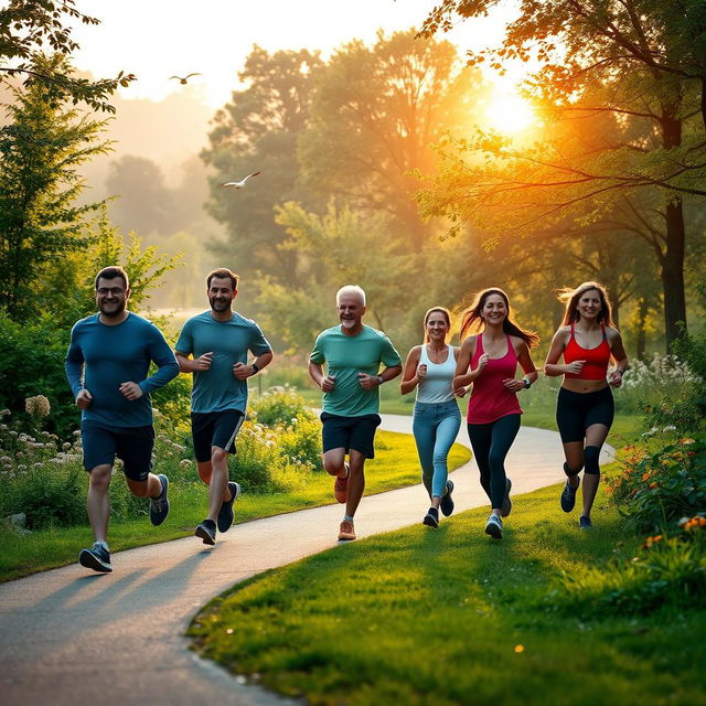 A serene morning scene of seven people jogging together in a beautiful natural setting