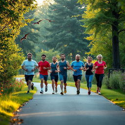 A serene morning scene of seven people jogging together in a beautiful natural setting