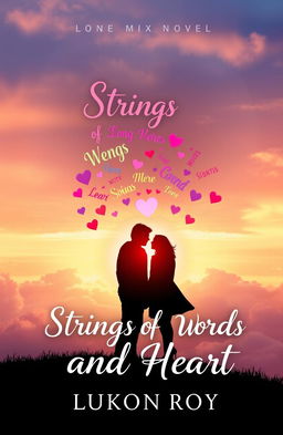 A beautifully crafted book cover design for a romantic novel titled 'Strings of Words and Heart' by the author Lukon Roy