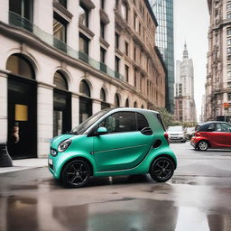 A high-resolution photo of a Fortwo Smart Car parked on a bustling city street