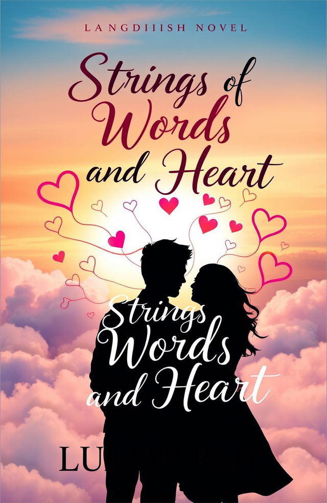 A beautifully crafted book cover design for a romantic novel titled 'Strings of Words and Heart' by the author Lukon Roy