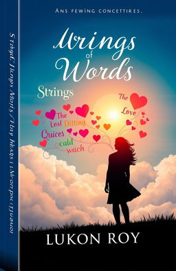 A beautifully crafted book cover design for a romantic novel titled 'Strings of Words and Heart' by the author Lukon Roy