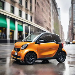 A high-resolution photo of a Fortwo Smart Car parked on a bustling city street