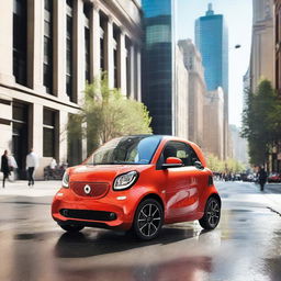 A high-resolution photo of a Fortwo Smart Car parked on a bustling city street