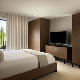 A well-designed bedroom featuring a cozy bed, a sleek wardrobe, and a modern television. The room boasts superior interior design elements.