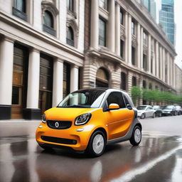 A high-resolution photo of a Fortwo Smart Car parked on a bustling city street