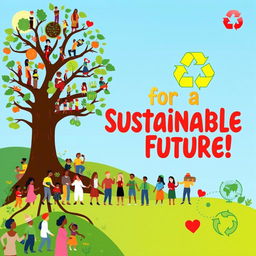A vibrant, eye-catching poster promoting social sustainability, featuring diverse groups of people from various cultures and backgrounds engaging in community activities like gardening, recycling, and collaborating on projects