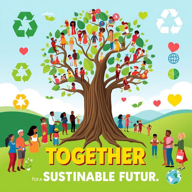 A vibrant, eye-catching poster promoting social sustainability, featuring diverse groups of people from various cultures and backgrounds engaging in community activities like gardening, recycling, and collaborating on projects