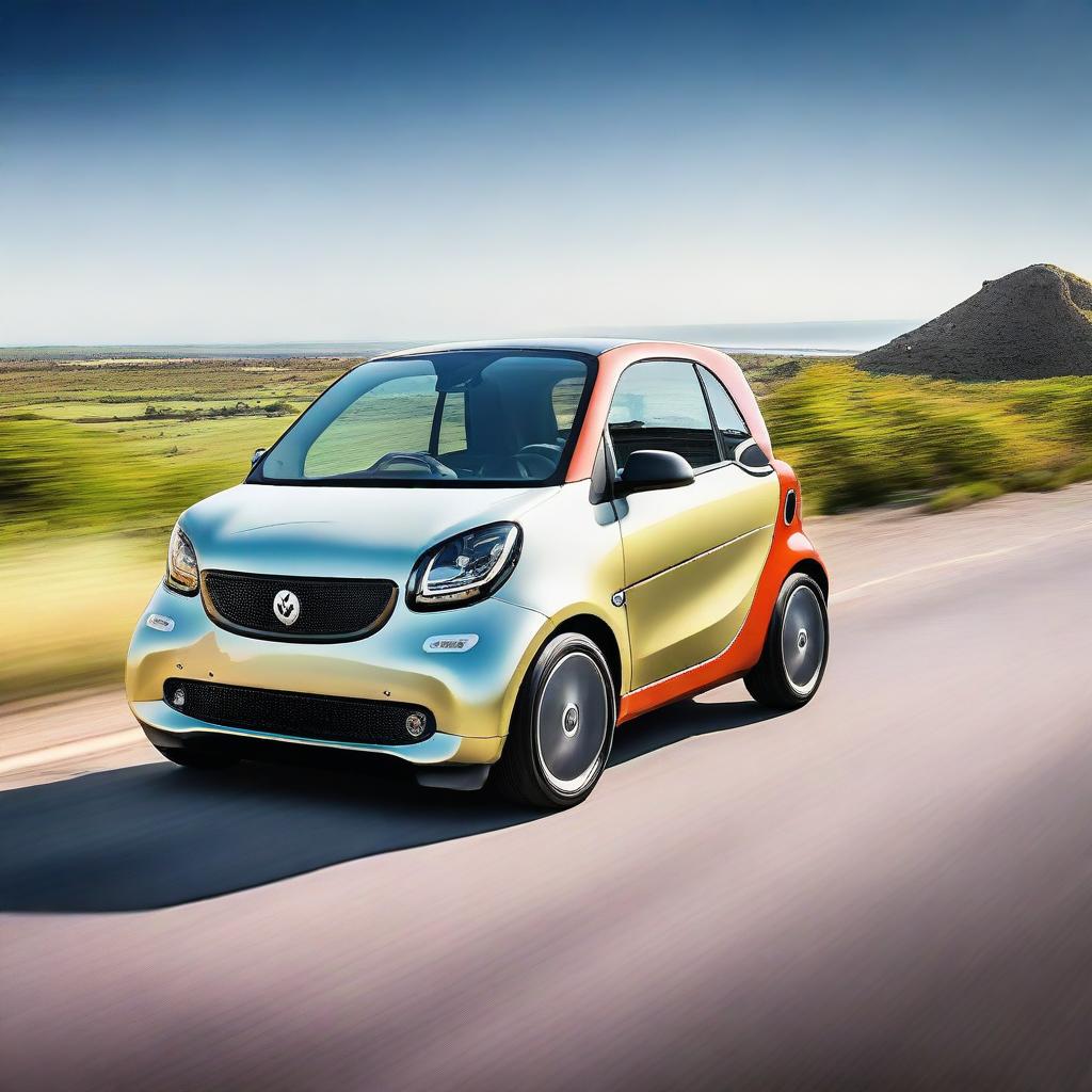 A high-quality photo capturing a Fortwo Smart Car cruising on an open highway