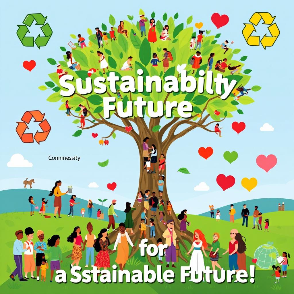 A vibrant, eye-catching poster promoting social sustainability, featuring diverse groups of people from various cultures and backgrounds engaging in community activities like gardening, recycling, and collaborating on projects