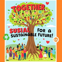 A vibrant, eye-catching poster promoting social sustainability, featuring diverse groups of people from various cultures and backgrounds engaging in community activities like gardening, recycling, and collaborating on projects