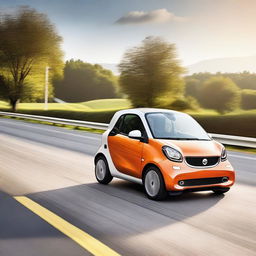 A high-quality photo capturing a Fortwo Smart Car cruising on an open highway