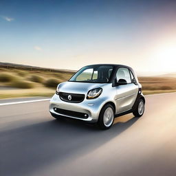 A high-quality photo capturing a Fortwo Smart Car cruising on an open highway