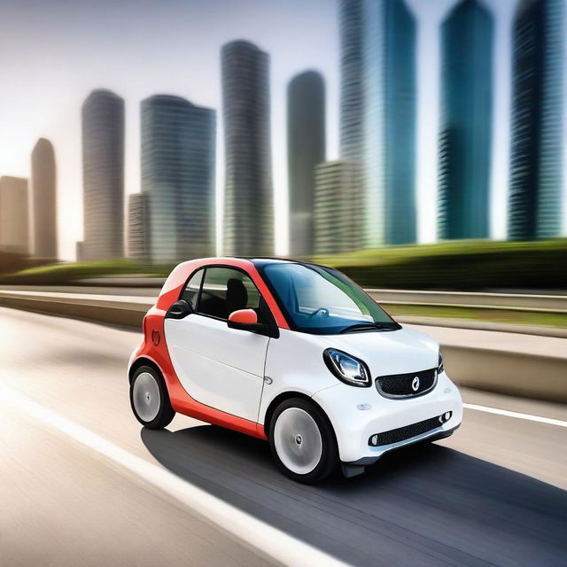 A high-quality photo capturing a Fortwo Smart Car cruising on an open highway