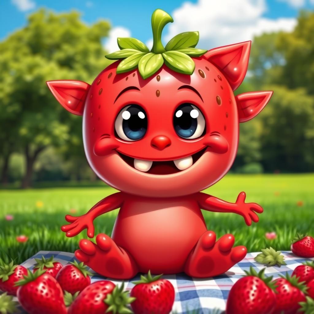A cute strawberry monster with vibrant red skin, large expressive eyes, and a wide, friendly grin