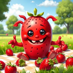 A cute strawberry monster with vibrant red skin, large expressive eyes, and a wide, friendly grin