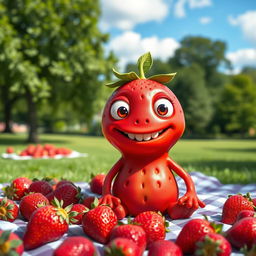 A cute strawberry monster with vibrant red skin, large expressive eyes, and a wide, friendly grin