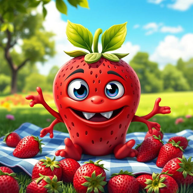 A cute strawberry monster with vibrant red skin, large expressive eyes, and a wide, friendly grin