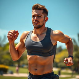 A hot, handsome man sprinting vigorously with beads of sweat glistening on his toned body, showcasing his athleticism