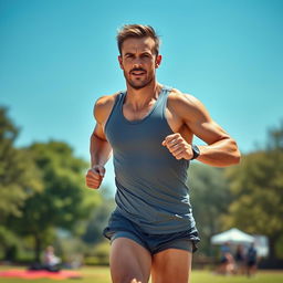 A hot, handsome man sprinting vigorously with beads of sweat glistening on his toned body, showcasing his athleticism