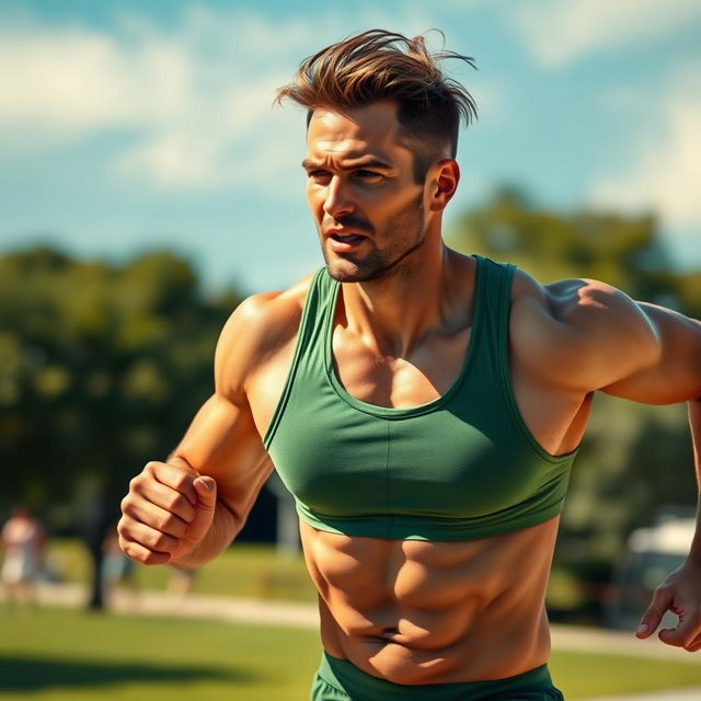 A hot, handsome man sprinting vigorously with beads of sweat glistening on his toned body, showcasing his athleticism