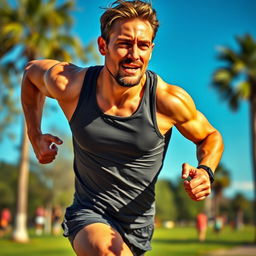 A hot, handsome man sprinting vigorously with beads of sweat glistening on his toned body, showcasing his athleticism